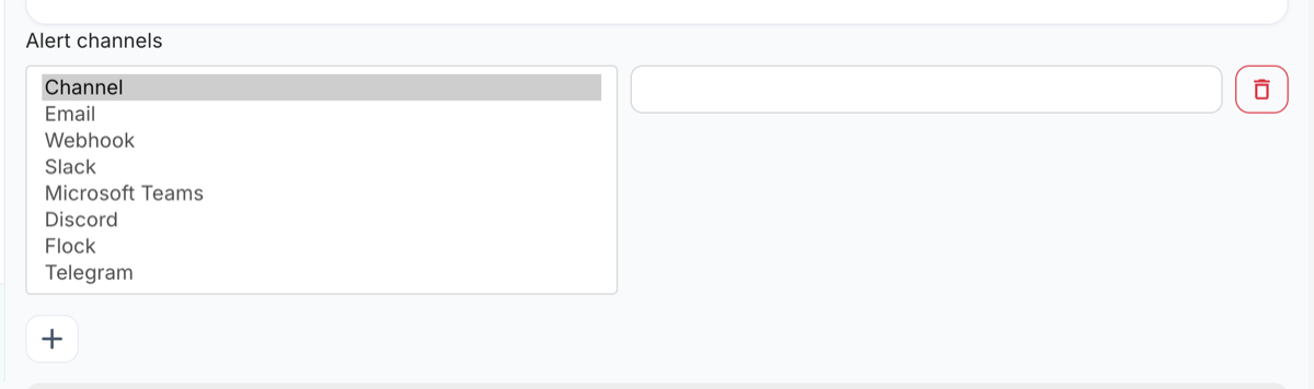Alert channels dropdown listing Email, Webhook, Slack, Microsoft Teams, Discord, Flock and Telegram