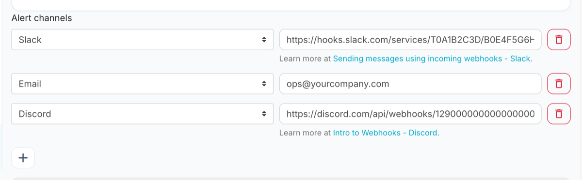 A monitor with three alert channels configured: Slack, email and Discord